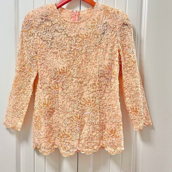 Vintage Pink Coral Lace Floral Pearl Embellished Top - Picture 4 of 12